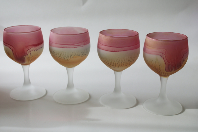 photo of Rueven Nouveau glass vintage decanter bottle & glasses, satin finish painted pink marbled swirl colors #4