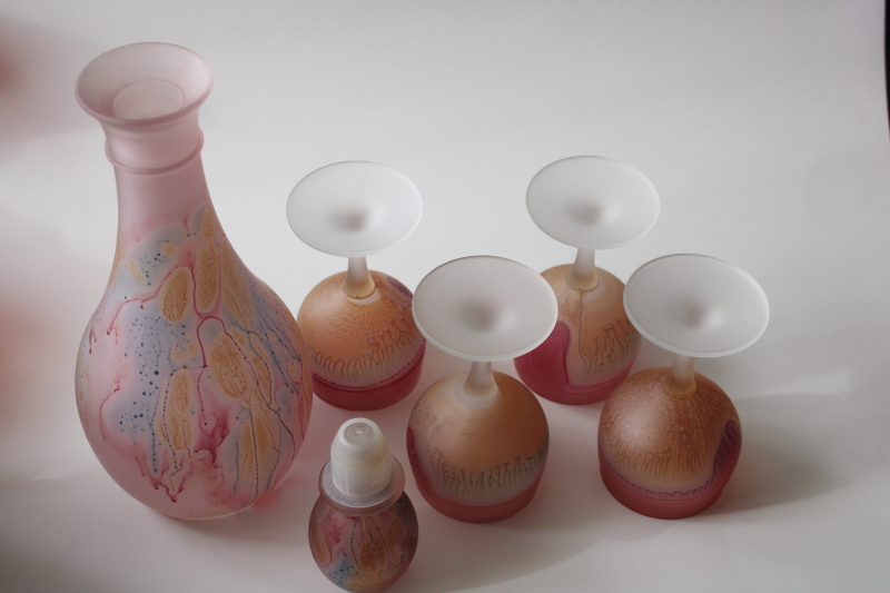photo of Rueven Nouveau glass vintage decanter bottle & glasses, satin finish painted pink marbled swirl colors #6
