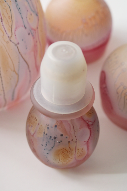 photo of Rueven Nouveau glass vintage decanter bottle & glasses, satin finish painted pink marbled swirl colors #7