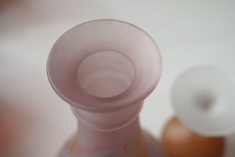 photo of Rueven Nouveau glass vintage decanter bottle & glasses, satin finish painted pink marbled swirl colors #8