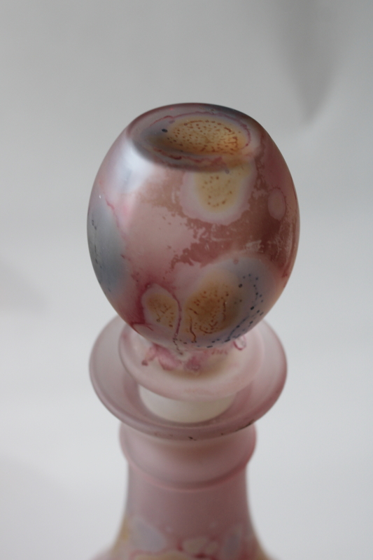 photo of Rueven Nouveau glass vintage decanter bottle & glasses, satin finish painted pink marbled swirl colors #10