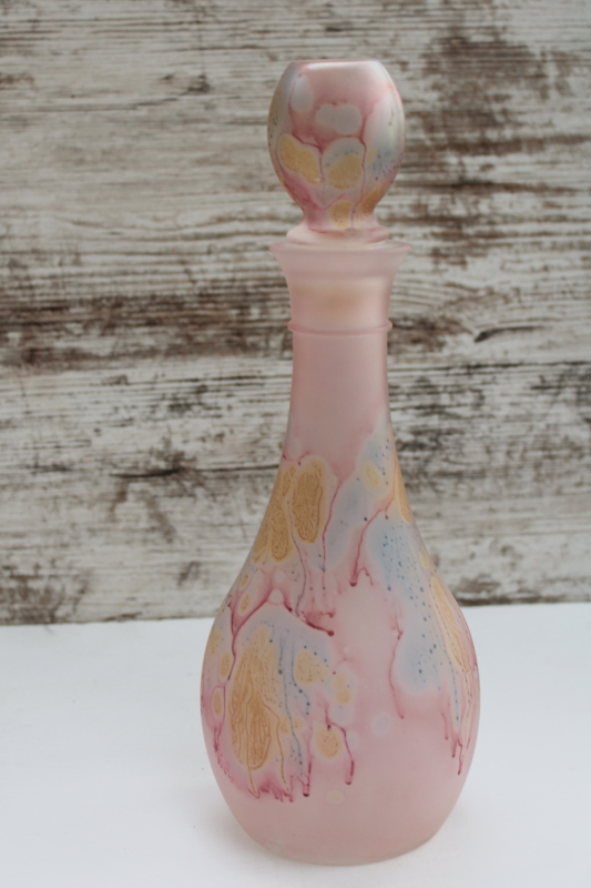 photo of Rueven Nouveau glass vintage decanter bottle, satin finish painted pink marbled swirl colors #1