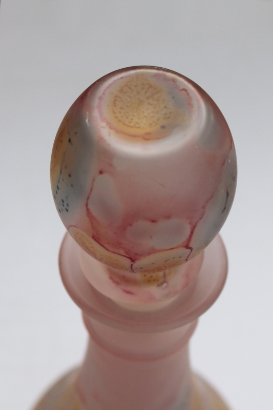 photo of Rueven Nouveau glass vintage decanter bottle, satin finish painted pink marbled swirl colors  #2