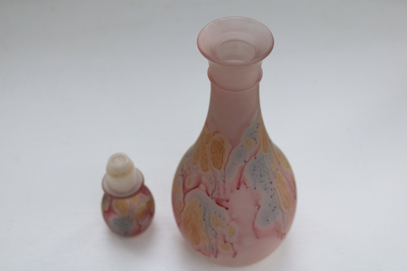 photo of Rueven Nouveau glass vintage decanter bottle, satin finish painted pink marbled swirl colors  #3