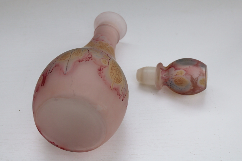 photo of Rueven Nouveau glass vintage decanter bottle, satin finish painted pink marbled swirl colors  #4