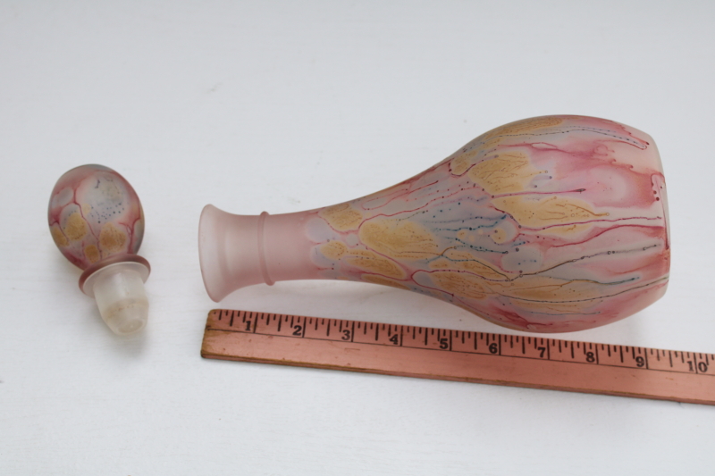 photo of Rueven Nouveau glass vintage decanter bottle, satin finish painted pink marbled swirl colors  #5