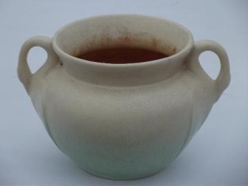 catalog photo of Rumrill marked Red Wing pottery urn double swan handles, vintage Rum Rill