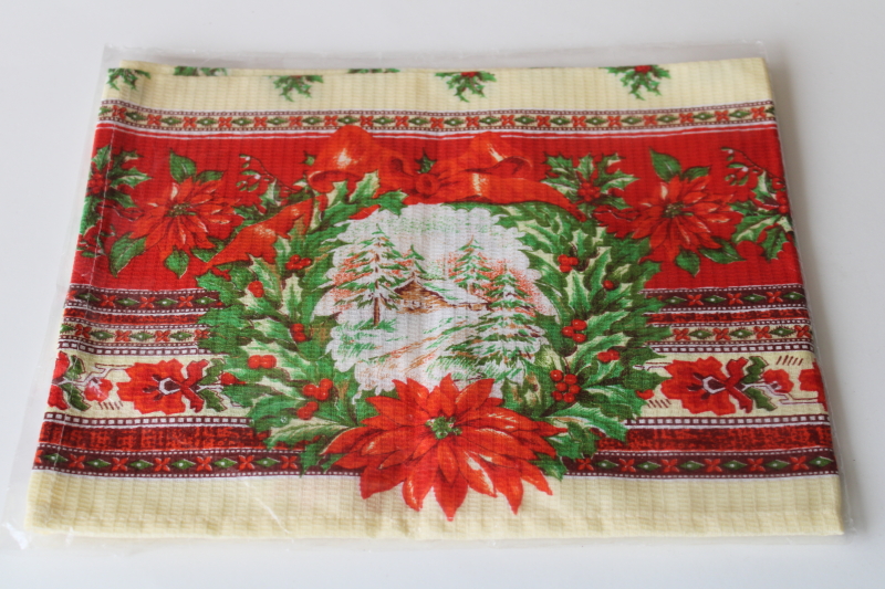 photo of Russian Christmas table runner, winter cabin scene printed cotton sealed pkg never used  #1