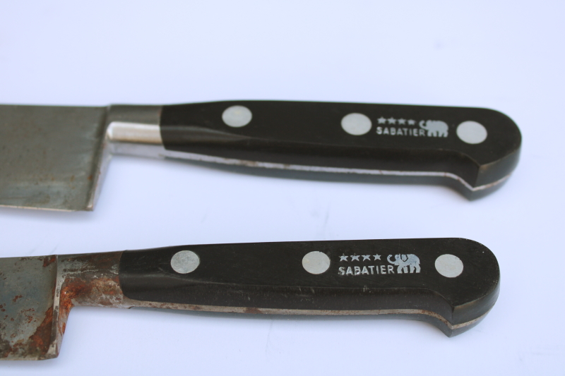 photo of Sabatier France lot of two vintage chef's kitchen knives, elephant mark carbon steel blades full tang  #2