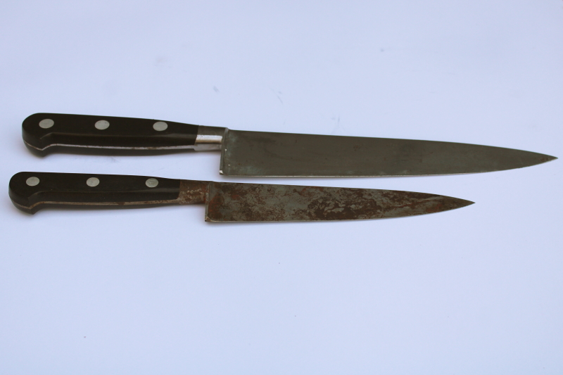 photo of Sabatier France lot of two vintage chef's kitchen knives, elephant mark carbon steel blades full tang  #3