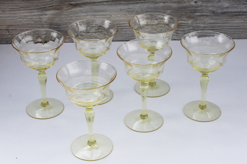 photo of Sahara yellow vintage depression glass champagne or cocktail glasses, ring panel optic pattern #2