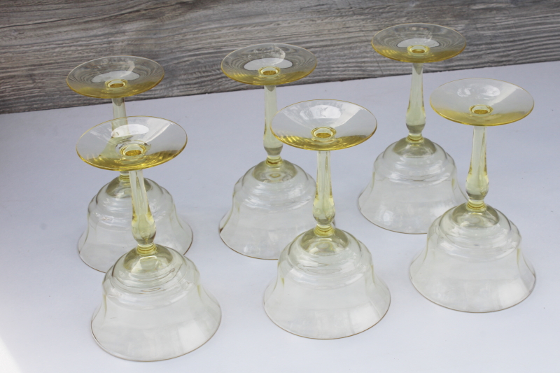 photo of Sahara yellow vintage depression glass champagne or cocktail glasses, ring panel optic pattern #4