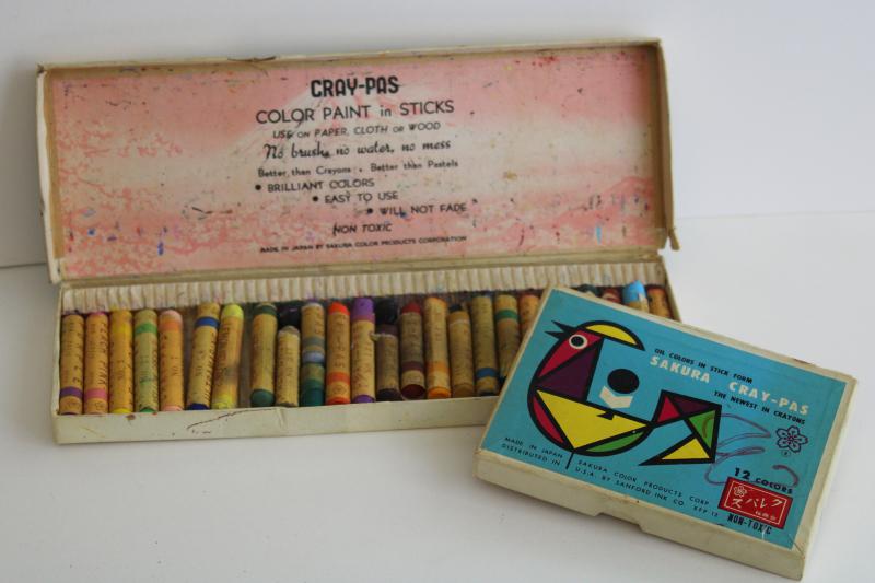 photo of Sakura Japan Cray-Pas oil pastel crayons in vintage boxes 60s 70s art sets used #1