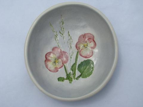 photo of Salt Marsh art pottery bowl, pink pansies floral #1