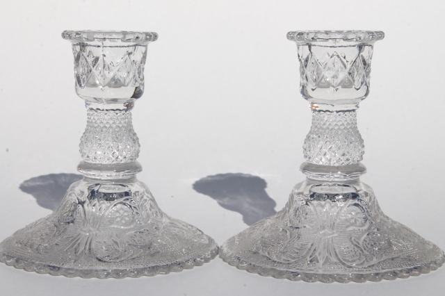 photo of Sandwich pattern pressed glass Duncan & Miller crystal clear candlesticks, serving pieces #4