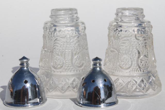 photo of Sandwich pattern pressed glass Duncan & Miller crystal clear candlesticks, serving pieces #11