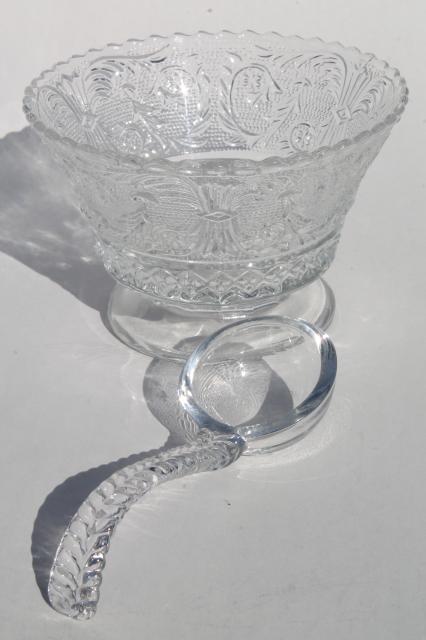 photo of Sandwich pattern pressed glass Duncan & Miller crystal clear candlesticks, serving pieces #14