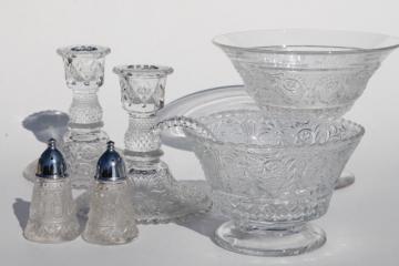 catalog photo of Sandwich pattern pressed glass Duncan & Miller crystal clear candlesticks, serving pieces