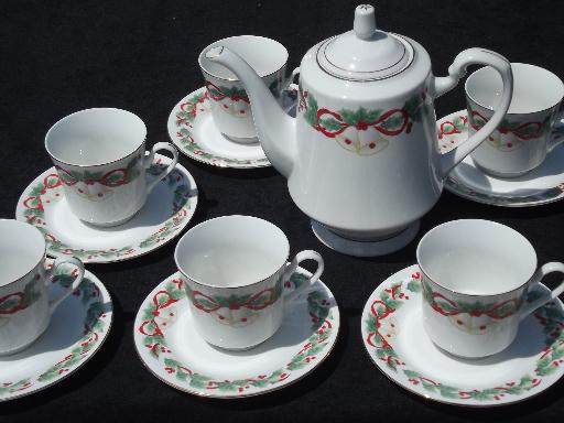 photo of Sango Noel coffee pot and set of six cups and saucers, Chrismas holly china #1