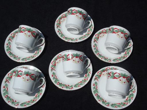 photo of Sango Noel coffee pot and set of six cups and saucers, Chrismas holly china #2