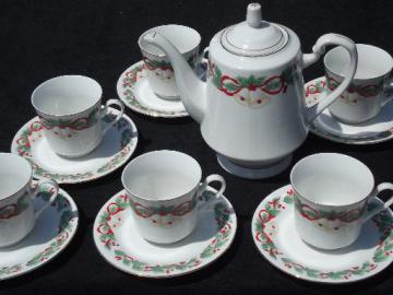 catalog photo of Sango Noel coffee pot and set of six cups and saucers, Chrismas holly china