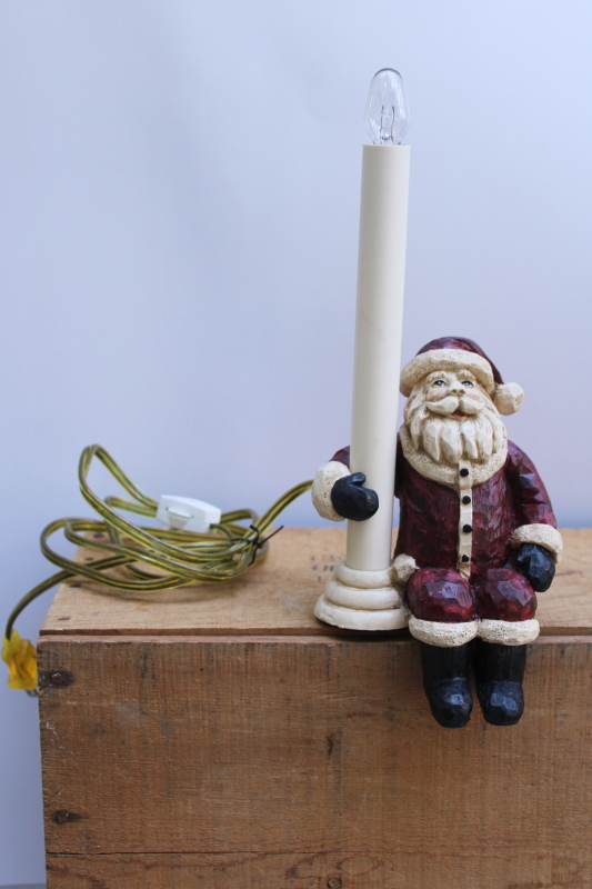 photo of Santa Claus shelf sitter candlestick lamp, vintage country Christmas carved wood look resin figurine  #1