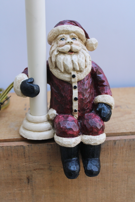 photo of Santa Claus shelf sitter candlestick lamp, vintage country Christmas carved wood look resin figurine  #2