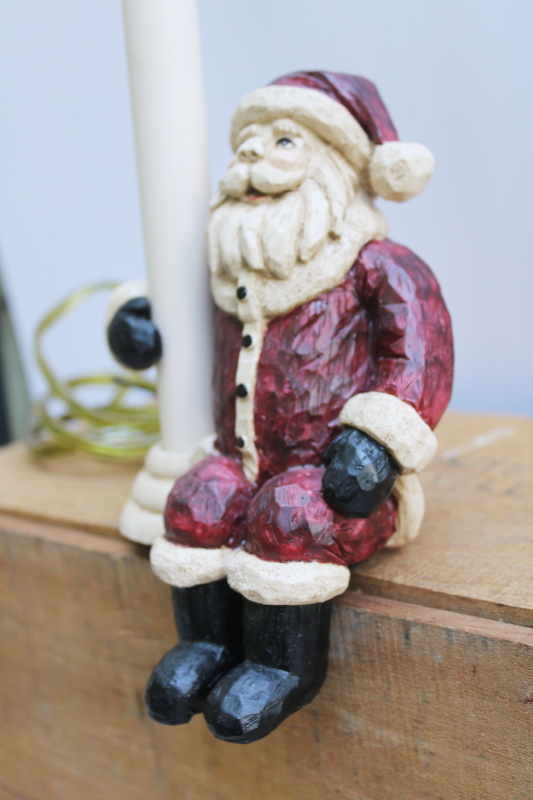 photo of Santa Claus shelf sitter candlestick lamp, vintage country Christmas carved wood look resin figurine  #3