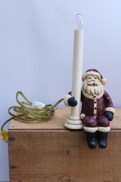 catalog photo of Santa Claus shelf sitter candlestick lamp, vintage country Christmas carved wood look resin figurine 