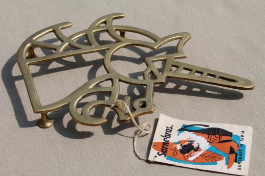 photo of Sarna brass unicorn trivet w/ 50s vintage Sarnabrass India hang tag #1