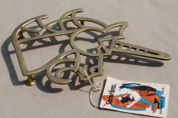 catalog photo of Sarna brass unicorn trivet w/ 50s vintage Sarnabrass India hang tag