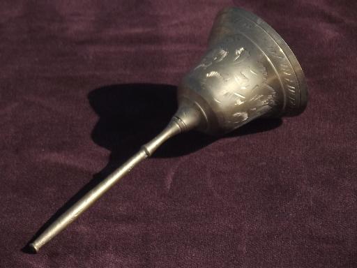 photo of Sarna solid brass table service bell w/ etched design, vintage India #1