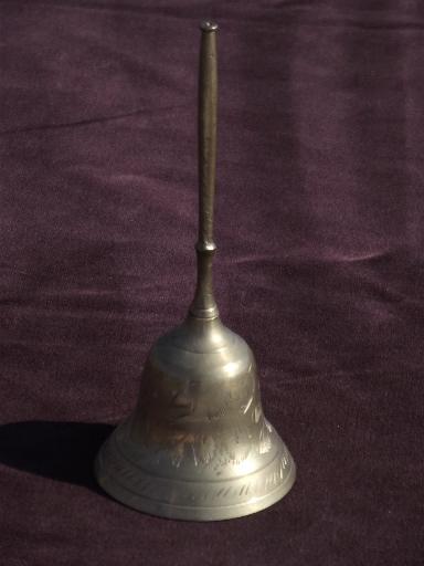 photo of Sarna solid brass table service bell w/ etched design, vintage India #2