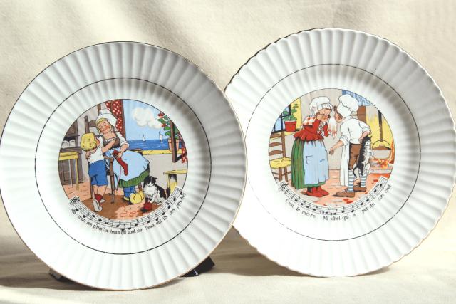 photo of Sarreguemines et Digoin France pottery plates, vintage children's dishes w/ French nursery rhymes lyrics #1