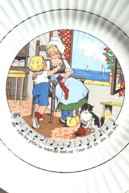 photo of Sarreguemines et Digoin France pottery plates, vintage children's dishes w/ French nursery rhymes lyrics #3