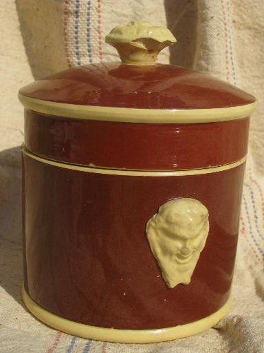 photo of Sarreguemines french majolica pottery, old yellow / mocha lidded jar w/ face handles #2