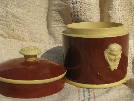 photo of Sarreguemines french majolica pottery, old yellow / mocha lidded jar w/ face handles #3