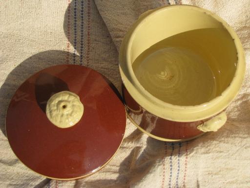 photo of Sarreguemines french majolica pottery, old yellow / mocha lidded jar w/ face handles #4