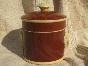 catalog photo of Sarreguemines french majolica pottery, old yellow / mocha lidded jar w/ face handles