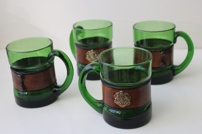 photo of Saxony coat of arms Providentiae Memor crest leather wrapped glass beer mugs German steins #1