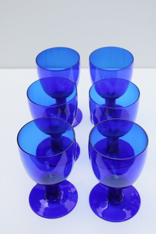 photo of Scandi mod style vintage cobalt blue water goblets or wine glasses, modern chunky shape #4