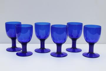 catalog photo of Scandi mod style vintage cobalt blue water goblets or wine glasses, modern chunky shape