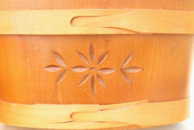 photo of Scandinavian carved staved wood piggin or salt box bucket, vintage country pine wall pocket #2