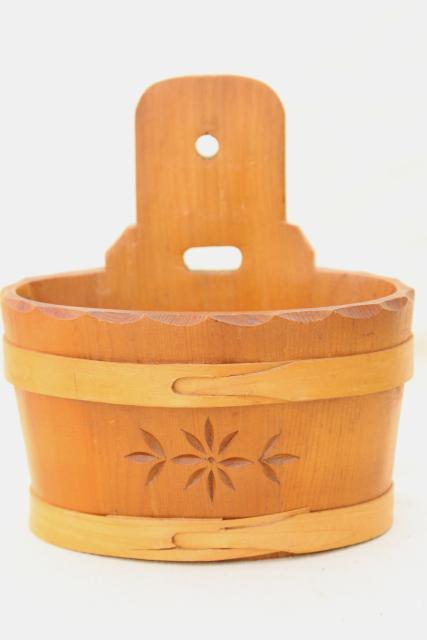 photo of Scandinavian carved staved wood piggin or salt box bucket, vintage country pine wall pocket #3