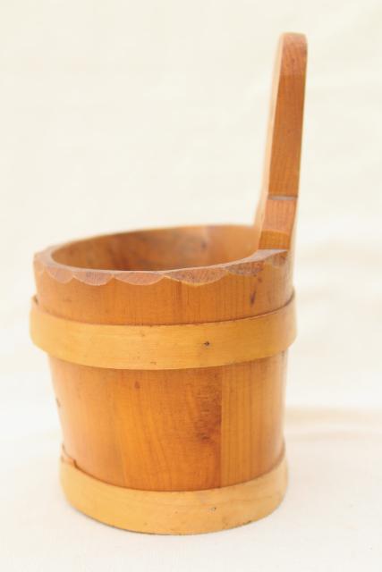 photo of Scandinavian carved staved wood piggin or salt box bucket, vintage country pine wall pocket #4