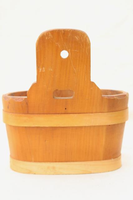 photo of Scandinavian carved staved wood piggin or salt box bucket, vintage country pine wall pocket #5