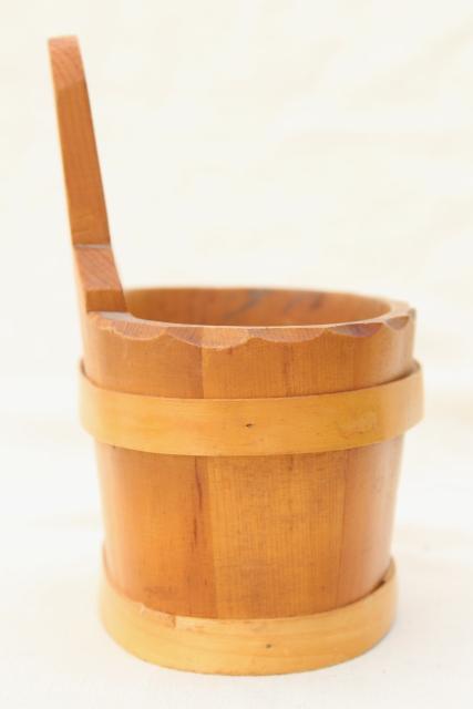 photo of Scandinavian carved staved wood piggin or salt box bucket, vintage country pine wall pocket #6