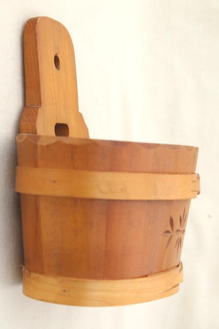 photo of Scandinavian carved staved wood piggin or salt box bucket, vintage country pine wall pocket #7