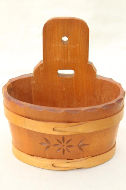 photo of Scandinavian carved staved wood piggin or salt box bucket, vintage country pine wall pocket #8