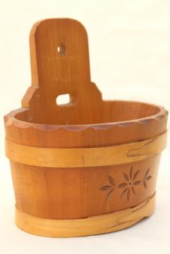 catalog photo of Scandinavian carved staved wood piggin or salt box bucket, vintage country pine wall pocket